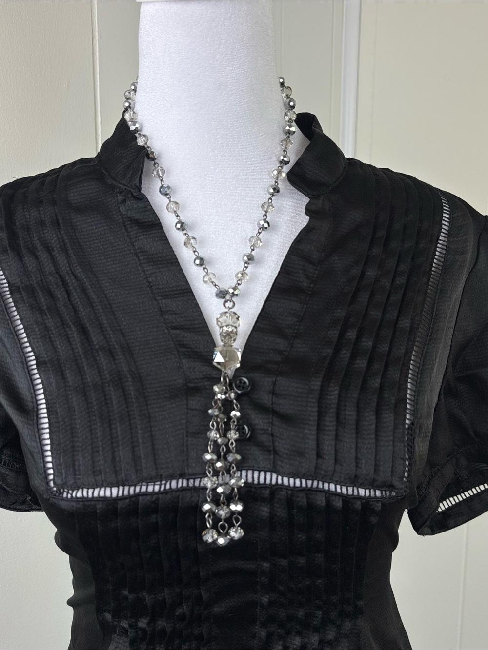 Crystal Bead Tassel Necklace - Silver-Tone
